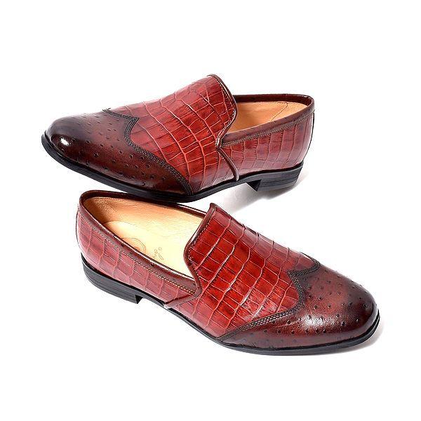 ウィングチップ スリッポン アンティークブラウン クロコ 型押し  