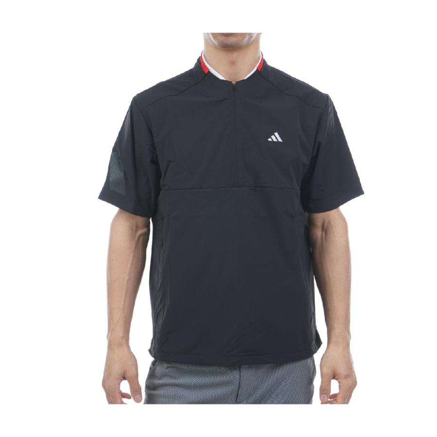 adidas　ハーフジップシャツ　半袖　ブラック　スリーライン　フィットネス adidas（アディダス） ストレッチ アディゼロ 撥水 ハーフジップ 半袖