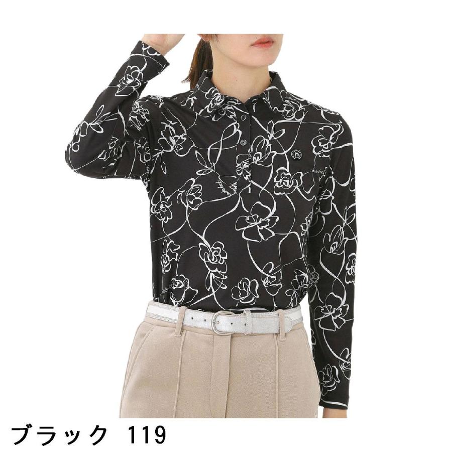 アダバット adabat ストレッチ 裏起毛ドローイングフラワー長袖ポロシャツ レディスの画像