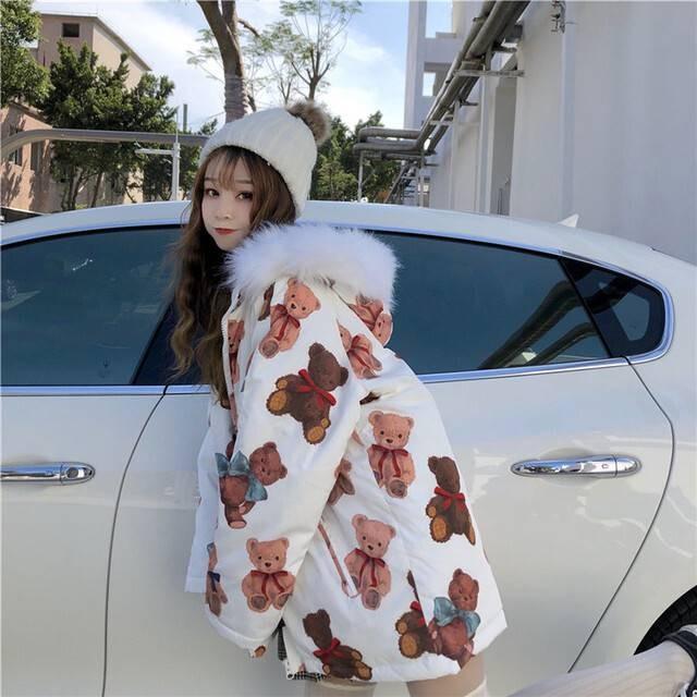 レディースファッション アウター コート ブルゾン ジャケット フード付き くまさんプリント ゆめかわ 輝い