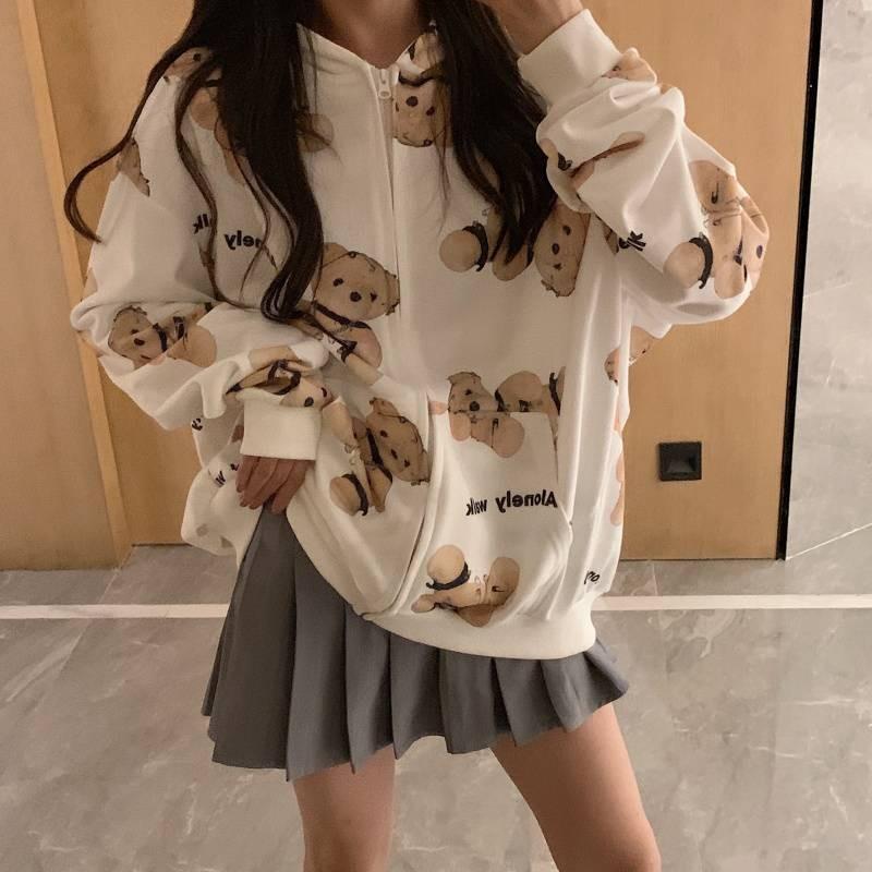 レディースファッション パーカー トレーナー ダボダボ テディベア くまさんプリント アウター ゆめかわ 新作 フード付き At 0379 Gdr 通販 Yahoo ショッピング