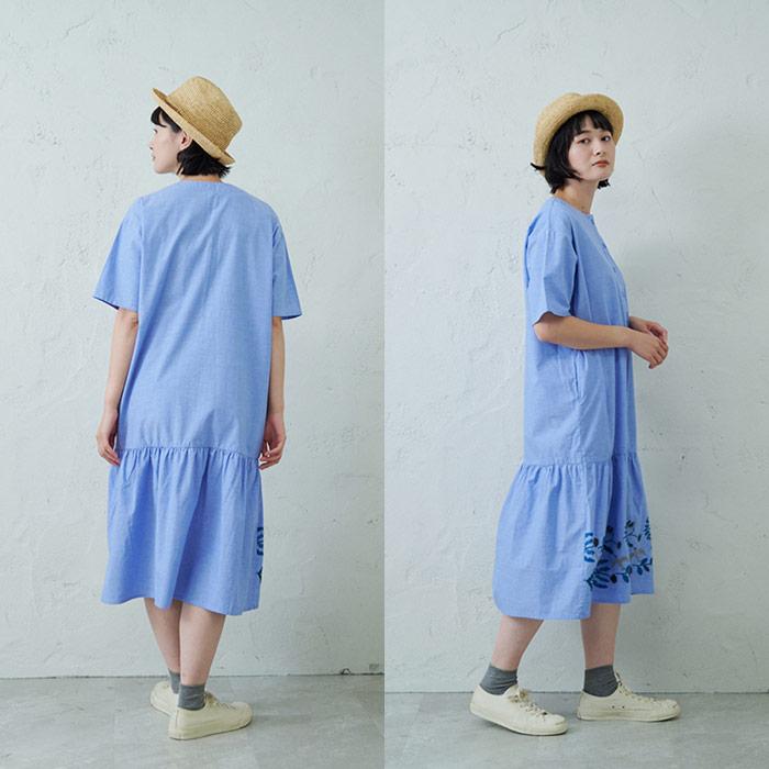 裾刺繍ワンピース emago レディース ワンピース 5分袖 ナチュラル