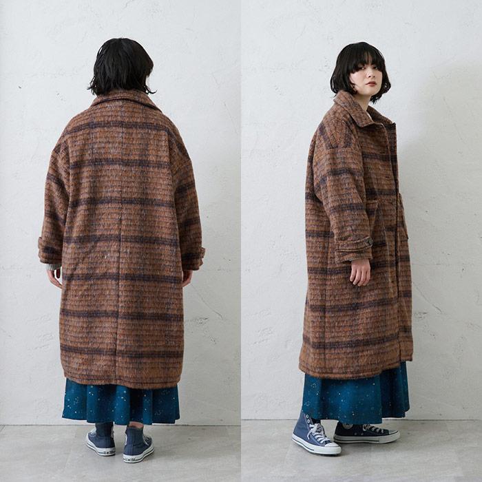 起毛チェックロングコート emago ナチュラル カジュアル 大人 かわいい 