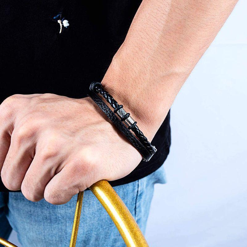 人気商品 ペアアクセサリー Rockyu メンズ ブレスレット レザー ブランド ブラック 編み込み 革製ブレスレット 2連バングル腕輪 シンプルファッションアクセサリ Ism Com Ge