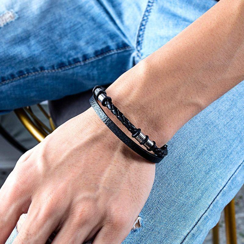 人気商品 ペアアクセサリー Rockyu メンズ ブレスレット レザー ブランド ブラック 編み込み 革製ブレスレット 2連バングル腕輪 シンプルファッションアクセサリ Ism Com Ge