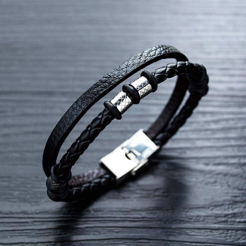 人気商品 ペアアクセサリー Rockyu メンズ ブレスレット レザー ブランド ブラック 編み込み 革製ブレスレット 2連バングル腕輪 シンプルファッションアクセサリ Ism Com Ge