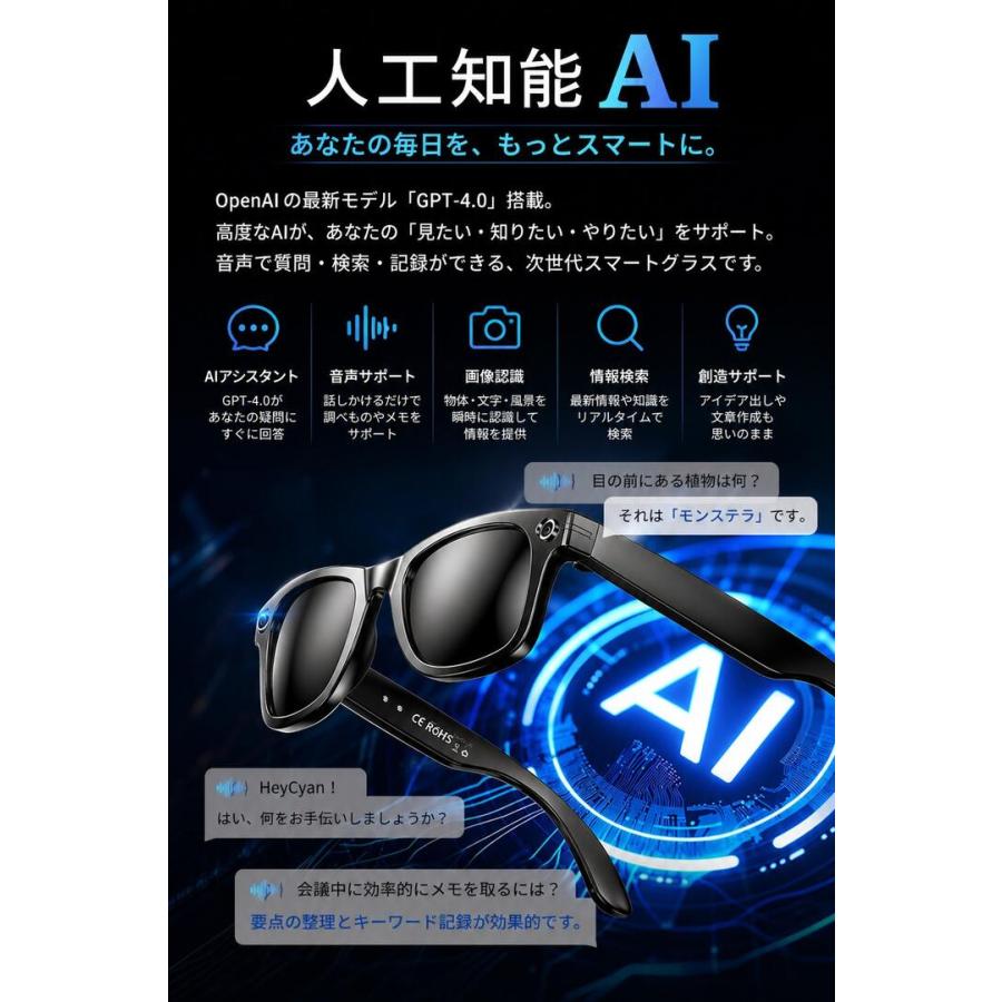 スマートグラス 日本語アプリ ワイヤレスメガネ ハンズフリー通話 翻訳