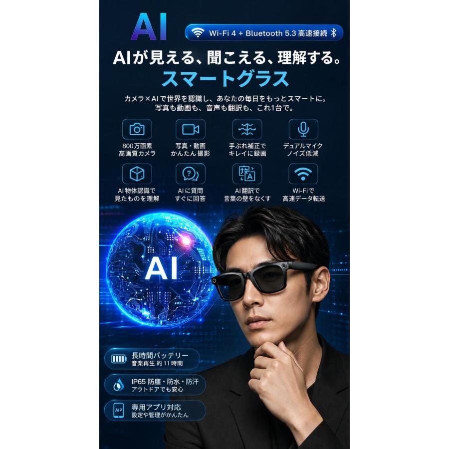 スマートグラス 日本語アプリ ワイヤレスメガネ ハンズフリー通話 翻訳