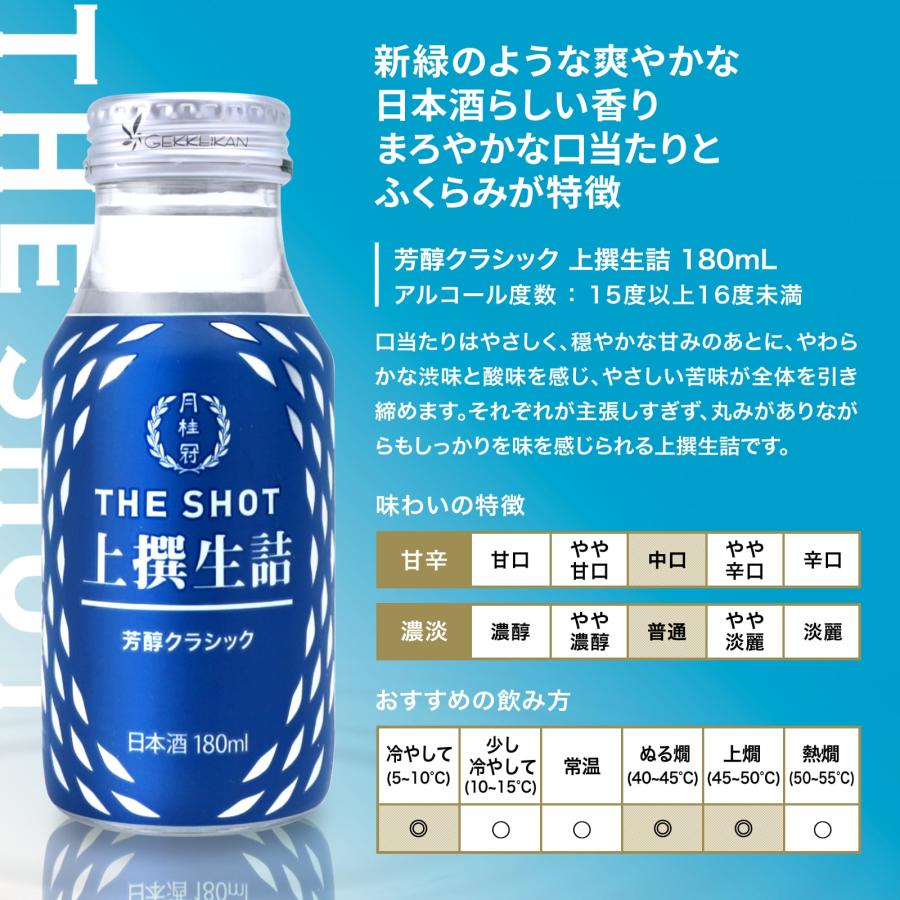 日本酒 お酒 送料無料 月桂冠 THE SHOT 香醇エレガント 純米吟醸 180mL 30本 ~ 父の日 お中元 お歳暮 ミニボトル ワンカップ アウトドア 贅沢 飲み切りサイズ｜gekkeikan｜08