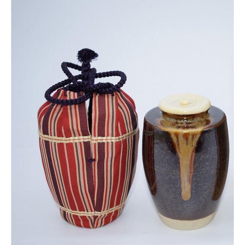 茶道具 膳所 肩衝 茶入 陽炎園 作 仕服 五色間道 桐箱入り 茶道