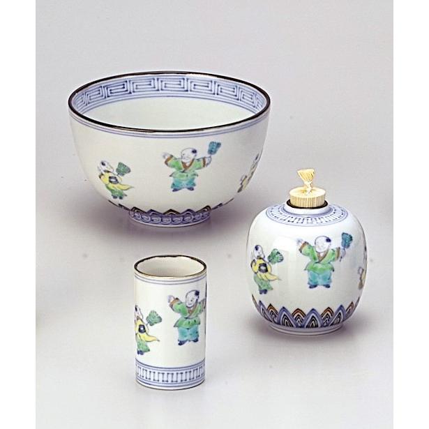 茶道具 茶箱 茶碗 茶巾筒 振りだし 3点仕かける 茶箱用 丹青 唐子紋 昭阿弥 作 （紙箱）