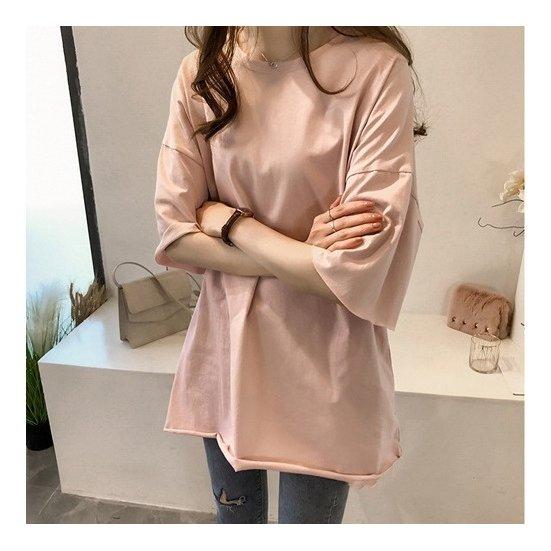 Tシャツチュニック女性レディース6分袖トップス無地ラウンドネックビッグシルエットシンプルお洒落オーバーサイズ可愛い |  | 02