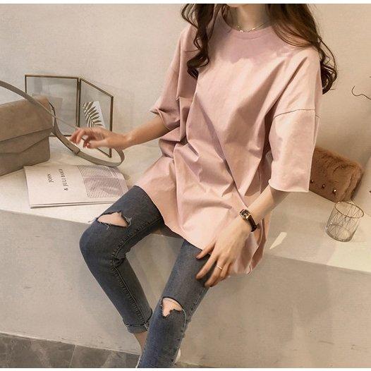 Tシャツチュニック女性レディース6分袖トップス無地ラウンドネックビッグシルエットシンプルお洒落オーバーサイズ可愛い |  | 03