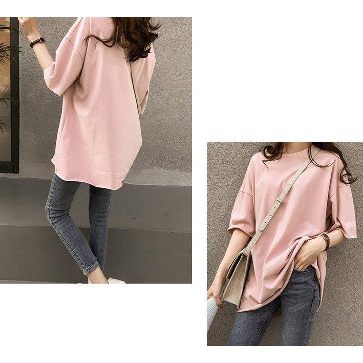 Tシャツチュニック女性レディース6分袖トップス無地ラウンドネックビッグシルエットシンプルお洒落オーバーサイズ可愛い |  | 05