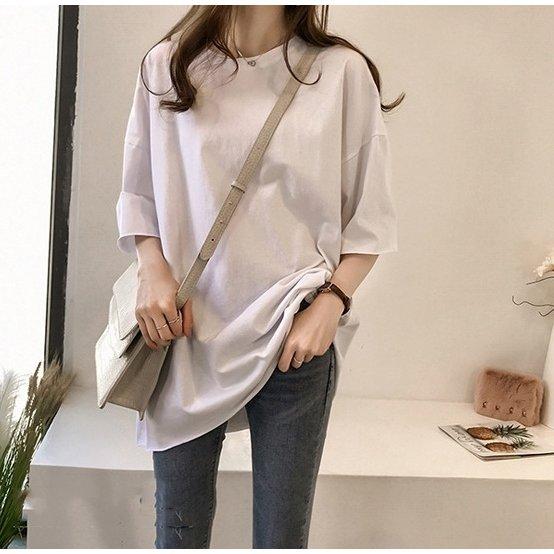 Tシャツチュニック女性レディース6分袖トップス無地ラウンドネックビッグシルエットシンプルお洒落オーバーサイズ可愛い |  | 07