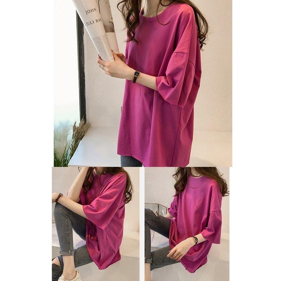Tシャツチュニック女性レディース6分袖トップス無地ラウンドネックビッグシルエットシンプルお洒落オーバーサイズ可愛い |  | 09