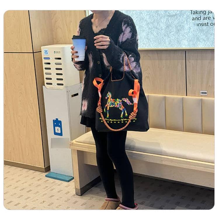 トートバッグ 馬柄 馬 刺繍 レディース サブバッグ ナイロン エコ