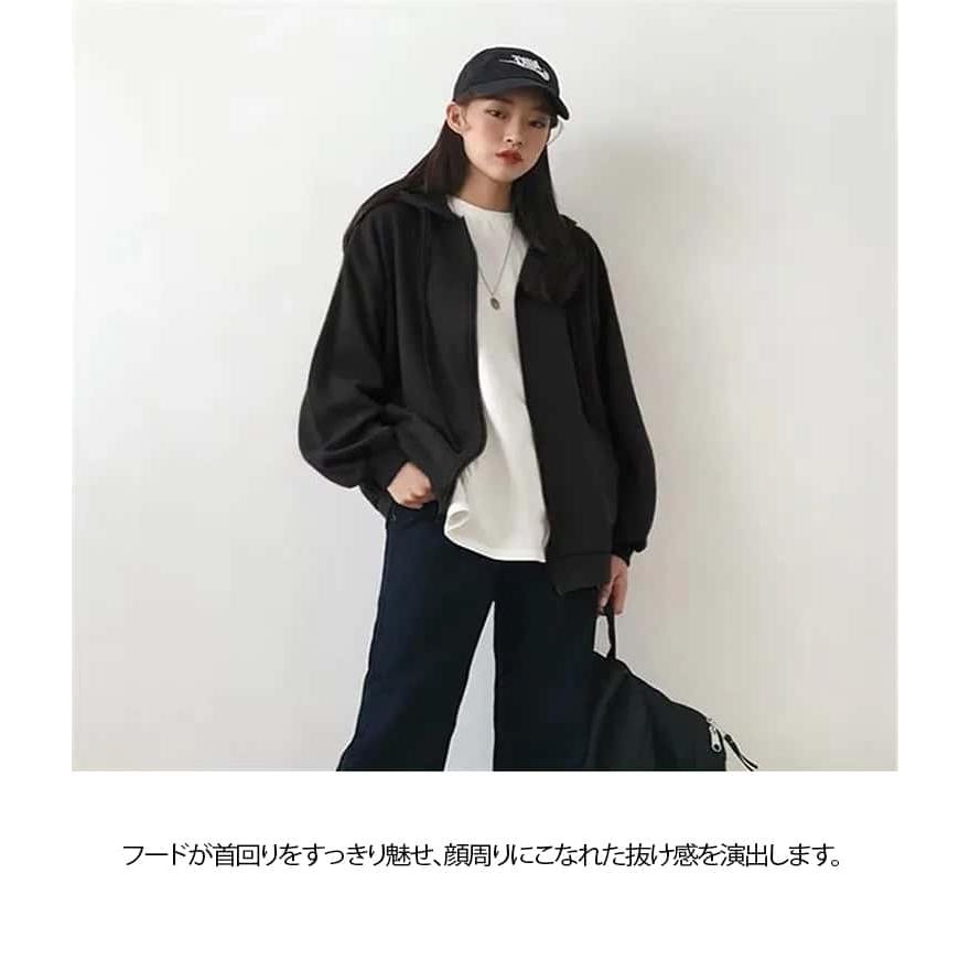 ジップアップパーカー ボリューム袖 フード付き 可愛い レディース 
