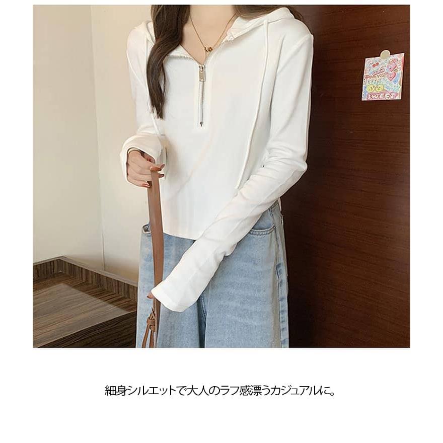 Tシャツ 春 かわいい 長袖 ハーフジップ 秋 Vネック トップス パーカー 薄手 ショート丈 レディース カットソー ティーシャツ フード付き ラウ |  | 11