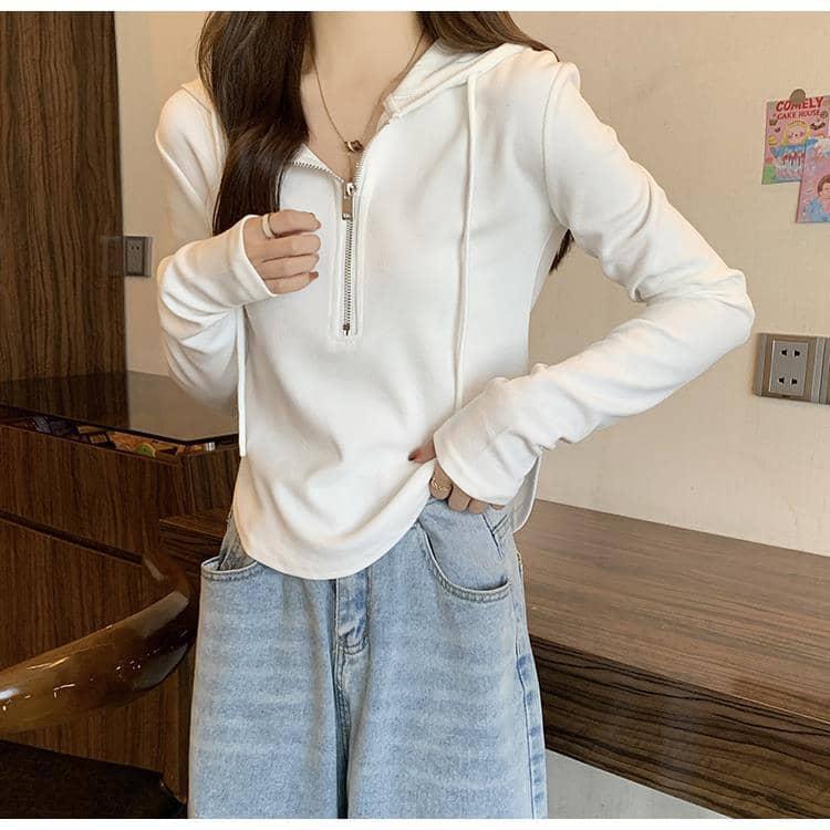 Tシャツ 春 かわいい 長袖 ハーフジップ 秋 Vネック トップス パーカー 薄手 ショート丈 レディース カットソー ティーシャツ フード付き ラウ |  | 12