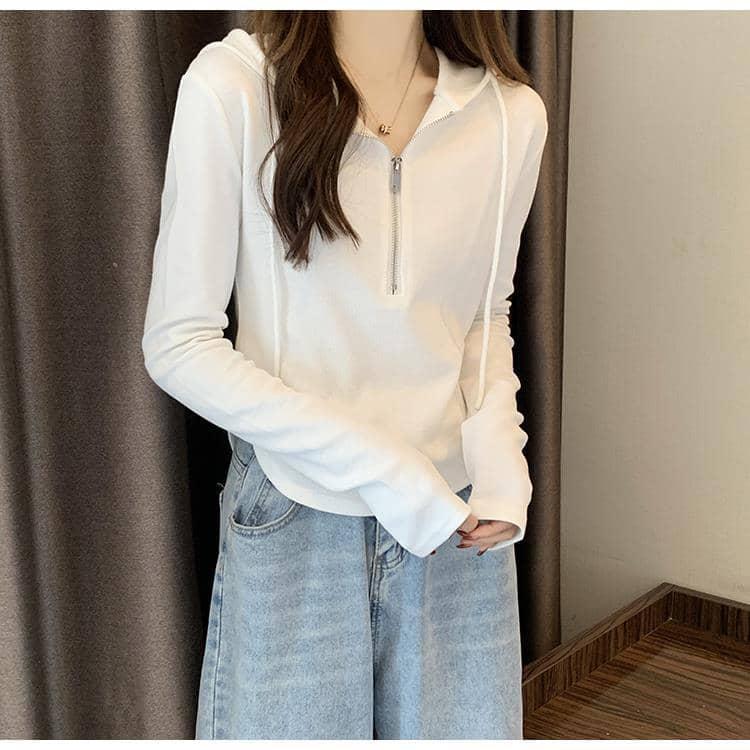 Tシャツ 春 かわいい 長袖 ハーフジップ 秋 Vネック トップス パーカー 薄手 ショート丈 レディース カットソー ティーシャツ フード付き ラウ |  | 13