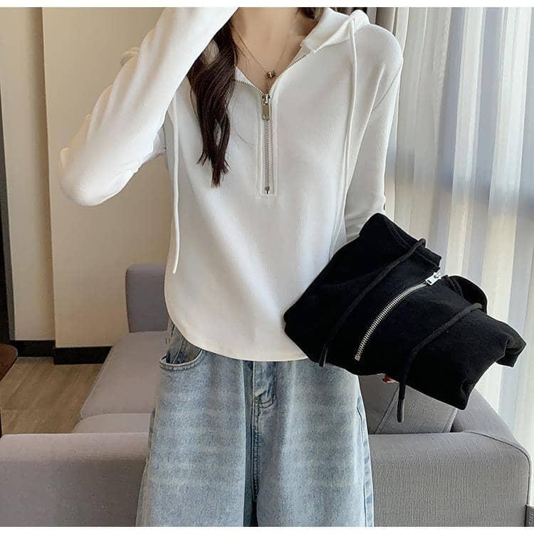 Tシャツ 春 かわいい 長袖 ハーフジップ 秋 Vネック トップス パーカー 薄手 ショート丈 レディース カットソー ティーシャツ フード付き ラウ |  | 14