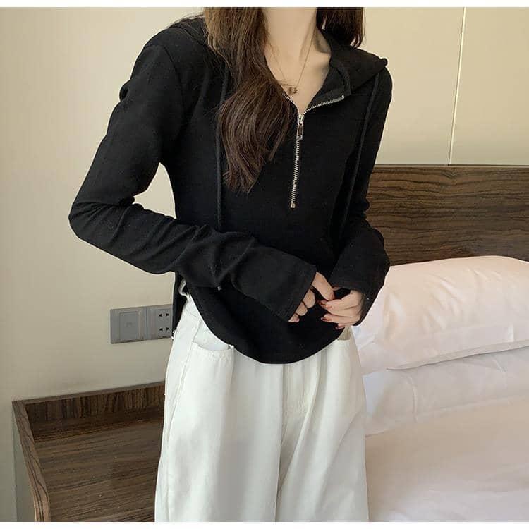 Tシャツ 春 かわいい 長袖 ハーフジップ 秋 Vネック トップス パーカー 薄手 ショート丈 レディース カットソー ティーシャツ フード付き ラウ |  | 16