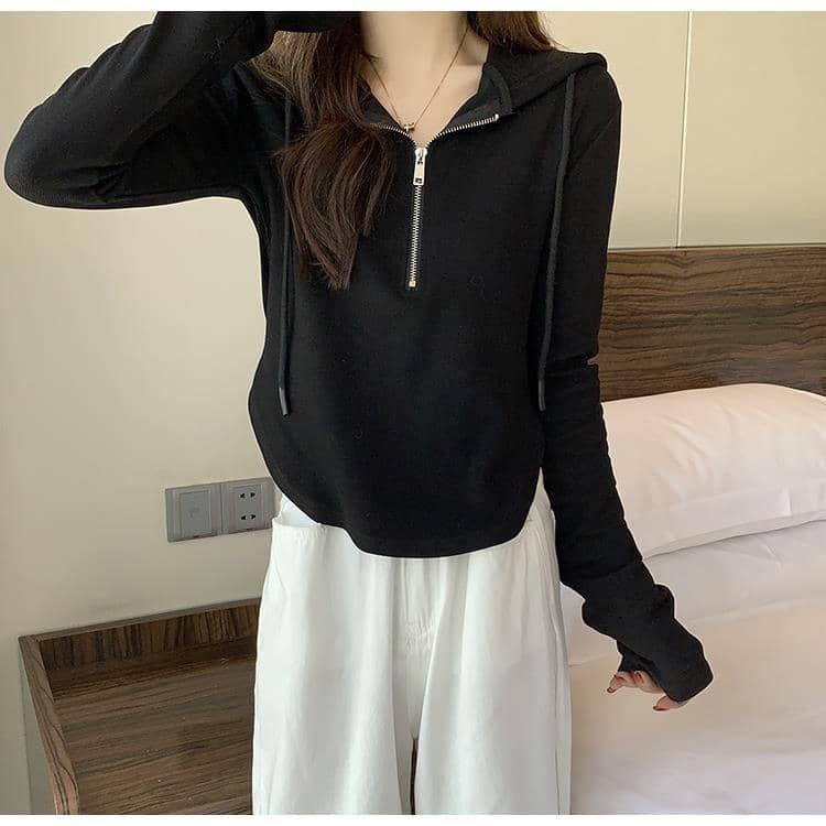 Tシャツ 春 かわいい 長袖 ハーフジップ 秋 Vネック トップス パーカー 薄手 ショート丈 レディース カットソー ティーシャツ フード付き ラウ |  | 18