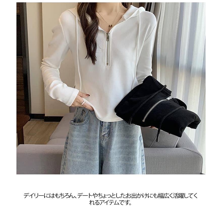 Tシャツ 春 かわいい 長袖 ハーフジップ 秋 Vネック トップス パーカー 薄手 ショート丈 レディース カットソー ティーシャツ フード付き ラウ |  | 07