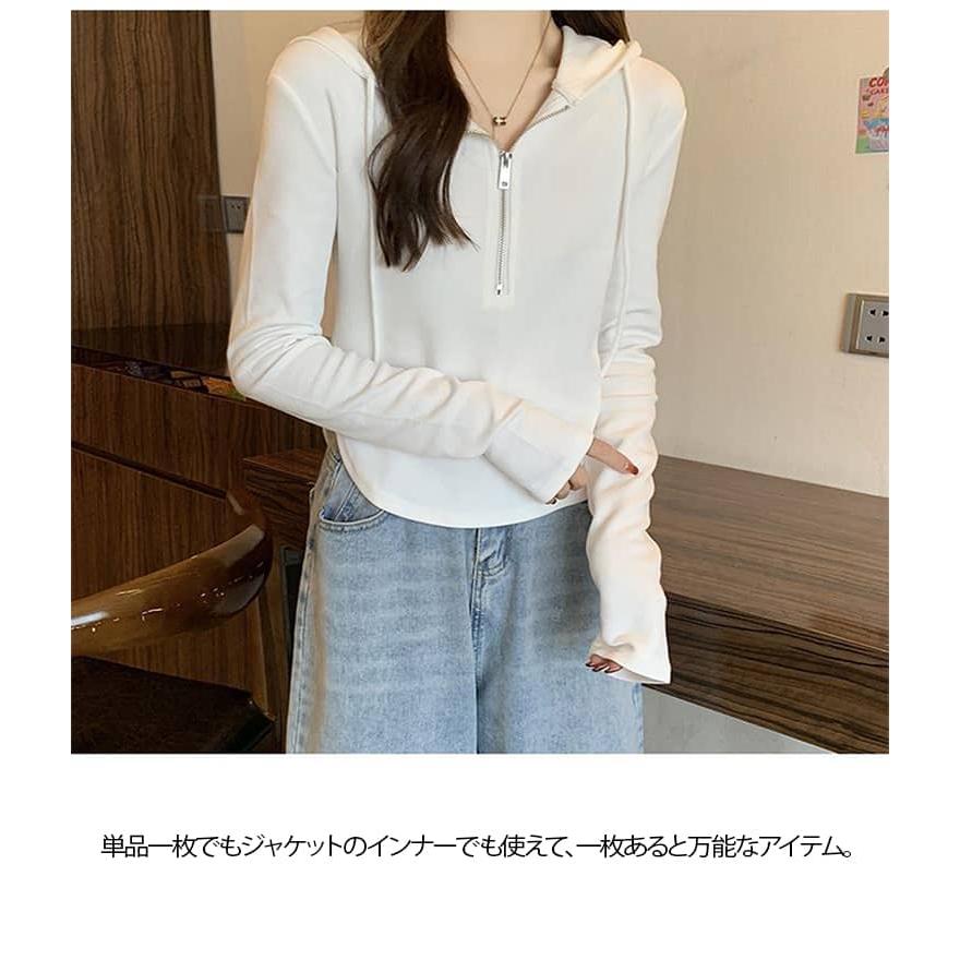 Tシャツ 春 かわいい 長袖 ハーフジップ 秋 Vネック トップス パーカー 薄手 ショート丈 レディース カットソー ティーシャツ フード付き ラウ |  | 08