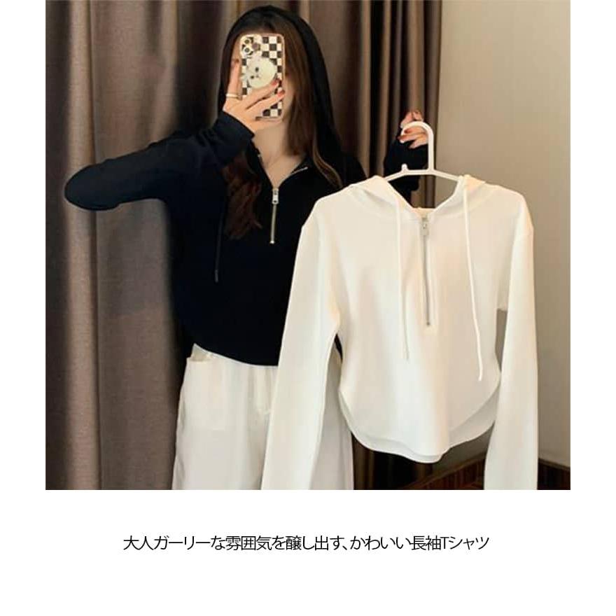 Tシャツ 春 かわいい 長袖 ハーフジップ 秋 Vネック トップス パーカー 薄手 ショート丈 レディース カットソー ティーシャツ フード付き ラウ |  | 09