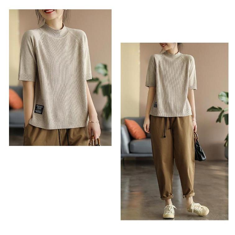 レディース 半袖Tシャツ 春 夏 半袖ニット 立ち襟 カットソー