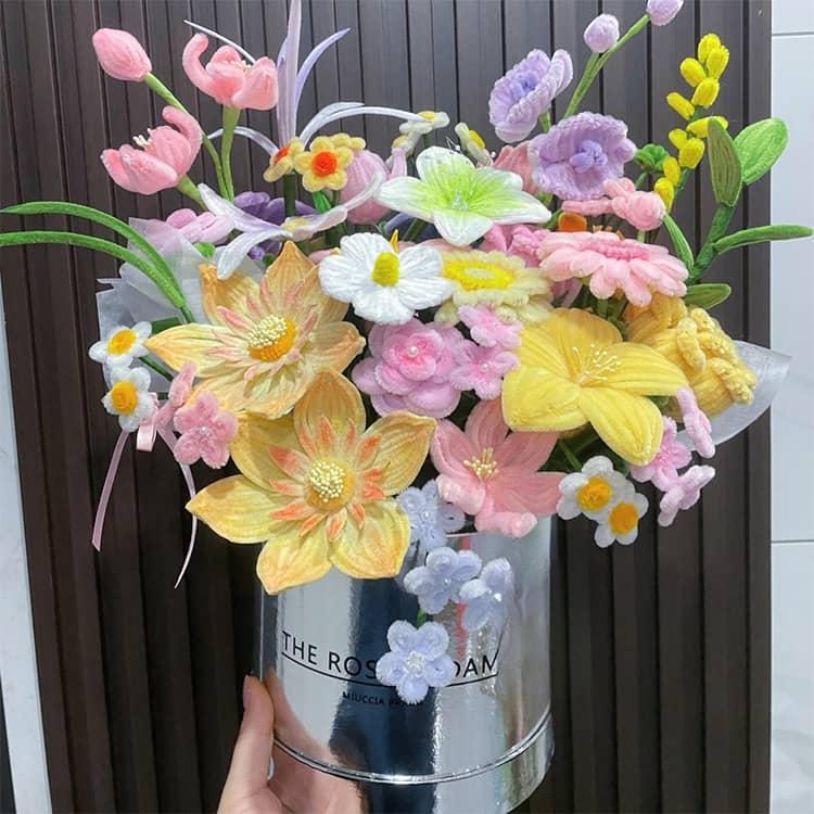 手芸モール 造花セット 手作りキット 花瓶ポット付き ふわふわ 高密度