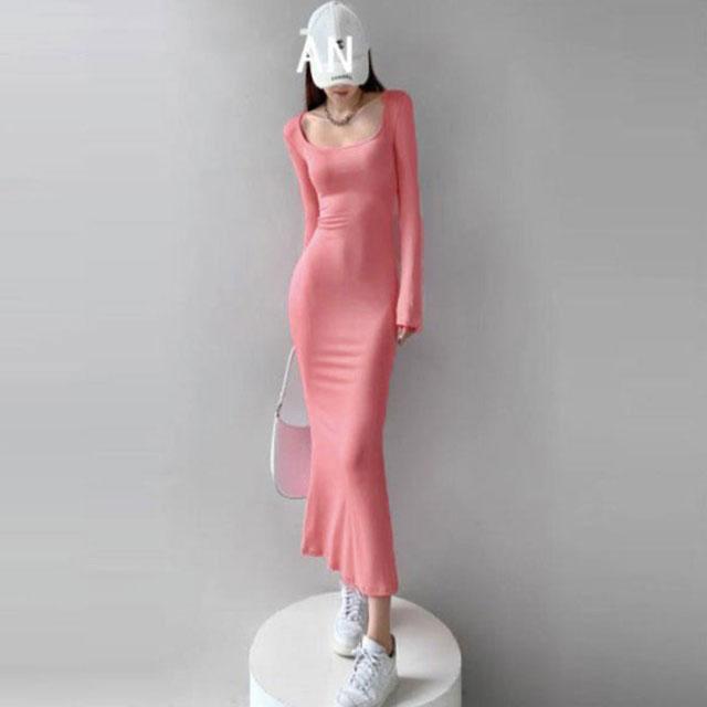 スクエアネックワンピース ロング丈 タイトワンピース マキシ