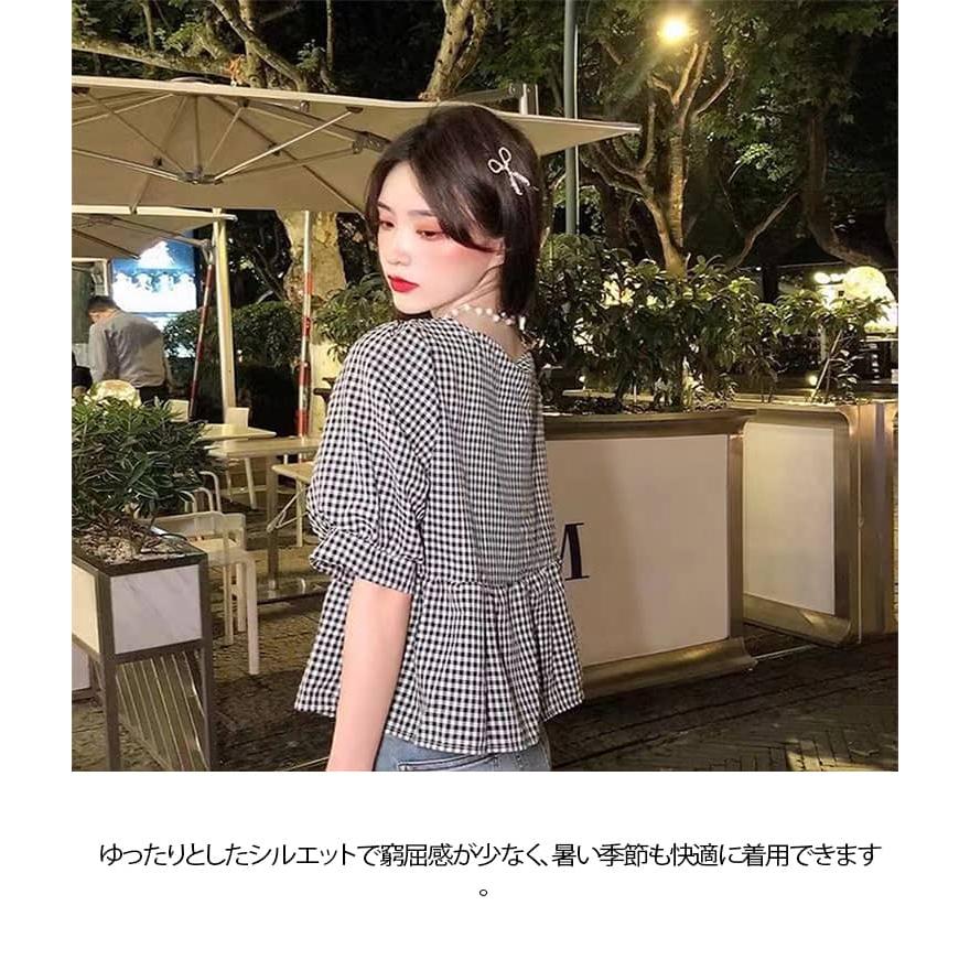 ギンガムチェック ブラウス レディース Vネック 半袖 パフスリーブ
