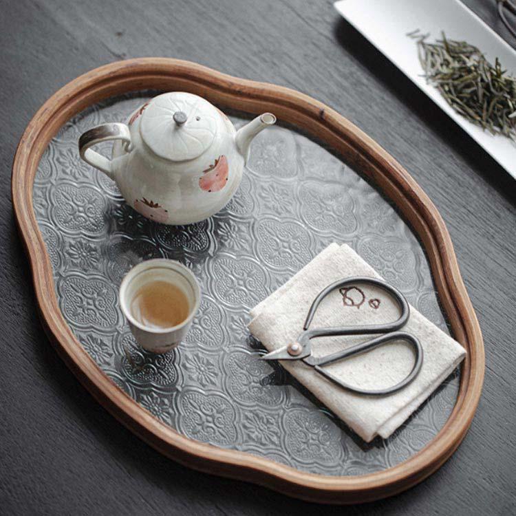 花海棠柄 トレー お盆 トレイ 竹 ガラス 盛器 雲型 楕円 お皿 小皿 豆