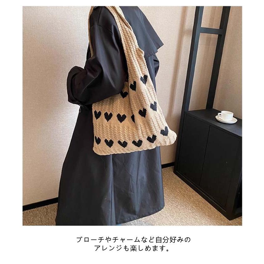 ニットバッグ ハート柄 編みバッグ トートバッグ ケーブル編み ニット