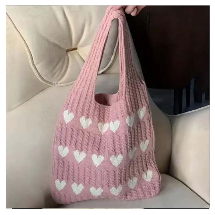 ニットバッグ ハート柄 編みバッグ トートバッグ ケーブル編み ニット