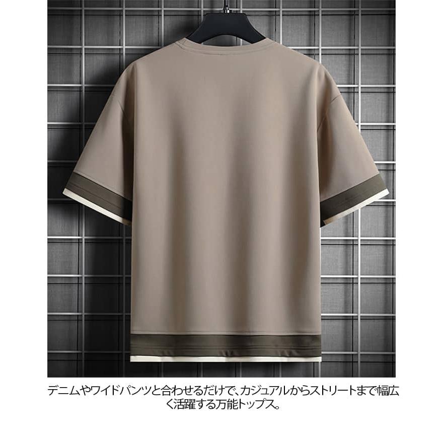 Tシャツ メンズ 半袖 重ね着風 ビッグシルエット クールネック 大きい