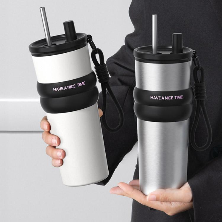 700ml セラミック タンブラー 伸縮ストロー付き 保温 保冷 真空断熱