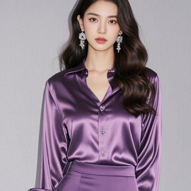 サテン調 シャツ レディース サテン ブラウス 長袖シャツ 光沢