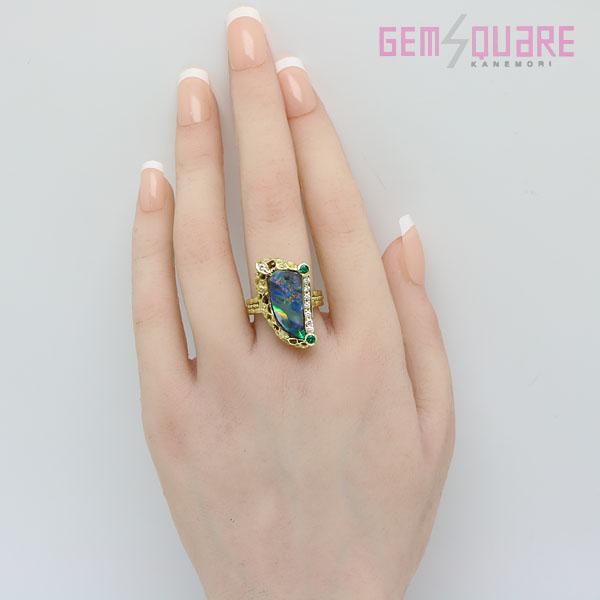 値下げ交渉可】K18 ボルダーオパール エメラルド ダイヤモンド リング  