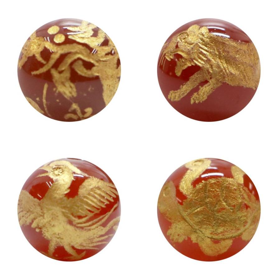 手彫り 金塗り 四神レッドアゲート 10mm 風水・青龍・白虎・朱雀