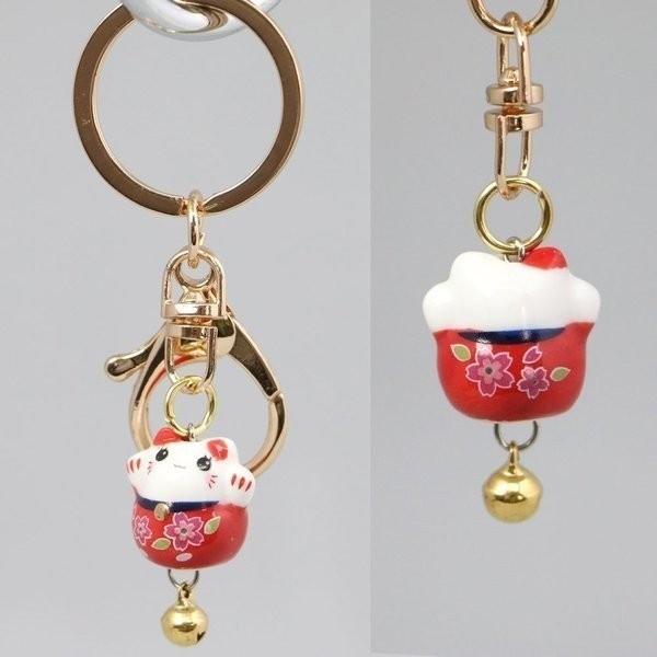 招き猫 キーホルダー お守り ストラップ 鈴 キーリング 陶器 : ジェム