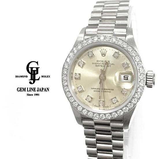 完全送料無料 ロレックス デイトジャスト プラチナ無垢 g 自動巻 10pダイヤ 腕時計 レディース