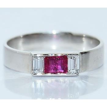 エメラルドカット ルビー-0.305ct&角ダイヤモンド スタイリッシュ 
