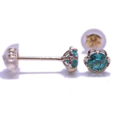 K18 グリーン パライバトルマリン 0.51ct ラウンドカット オリジナル フラワー爪 デザイン スタッドピアスの画像