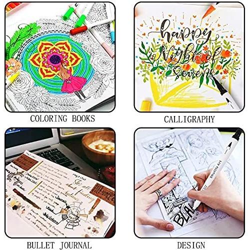 Shuttle Art 水彩毛筆 筆ペン 56色セット 水性ペン カラーペン ツインマーカー ふで 極細 耐久 速乾 子供用塗り絵 落書き ケース付き 超特価激安