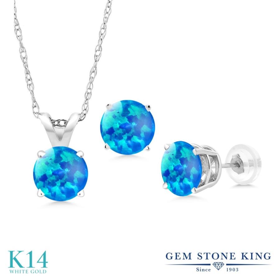 シミュレイテッド ブルーオパール ネックレス ピアス セット レディース 14金 ホワイトゴールド 10月 誕生石 お守り 誕生日プレゼント 女性