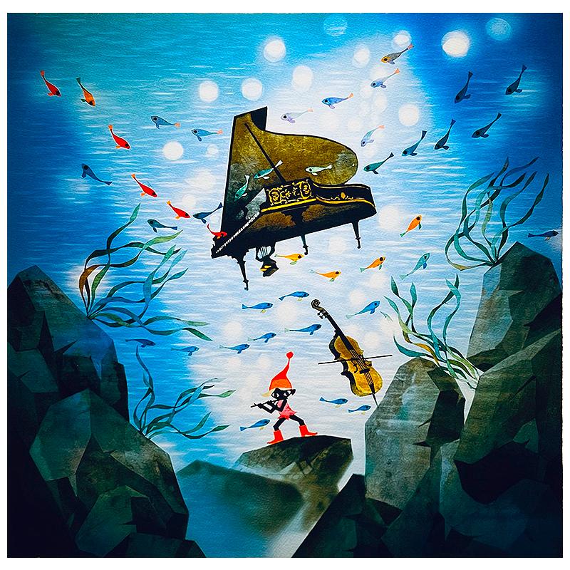 藤城清治 星空の木馬とピアノ リトグラフ 風景画 絵画 観覧車 遊園地 夜空